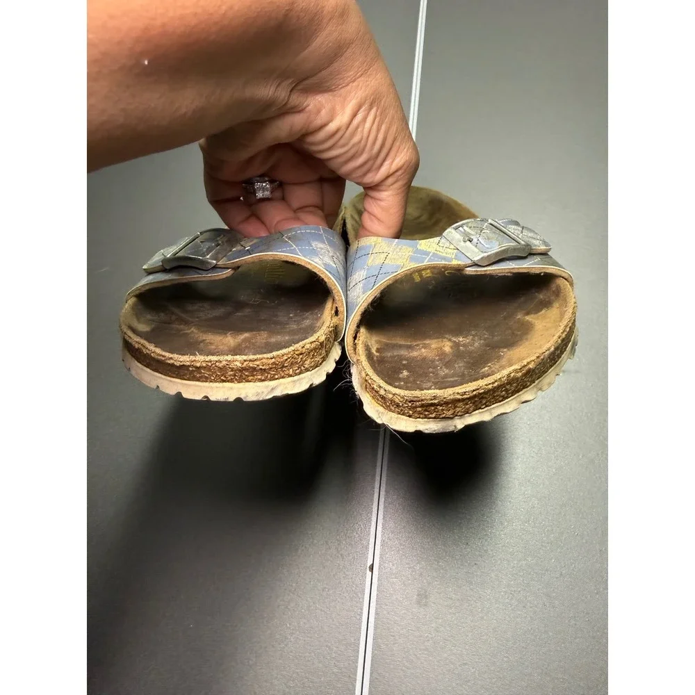 Papillio Birkenstock Madrid Sandals Blue Yellow Plaid Argyle Buckle Slide 40 L9